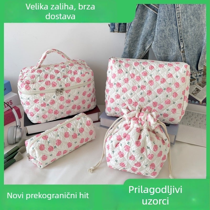 Visok kapacitet šivane torbice za šminku s cvjetnim uzorkom, četverodjelni putni set, pernica s pamukom podstavom
