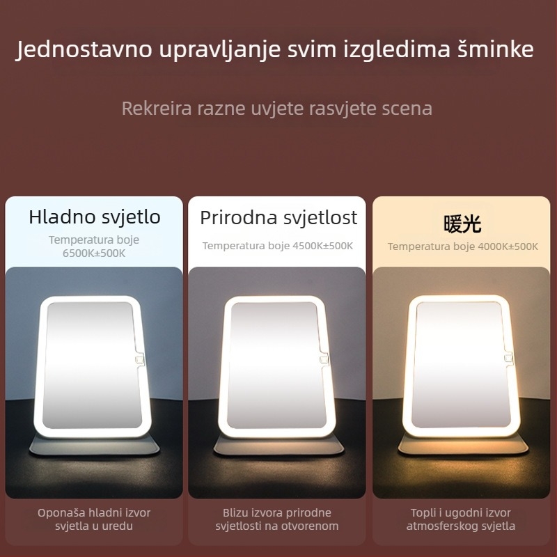 Ogledalo za šminkanje s rasvjetom, prijenosno, sklopivo, ABS okvir, reflektirajuća površina