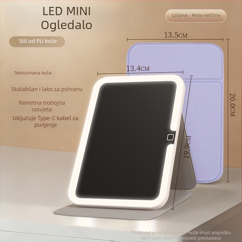 Ogledalo za šminkanje s rasvjetom, prijenosno, sklopivo, ABS okvir, reflektirajuća površina