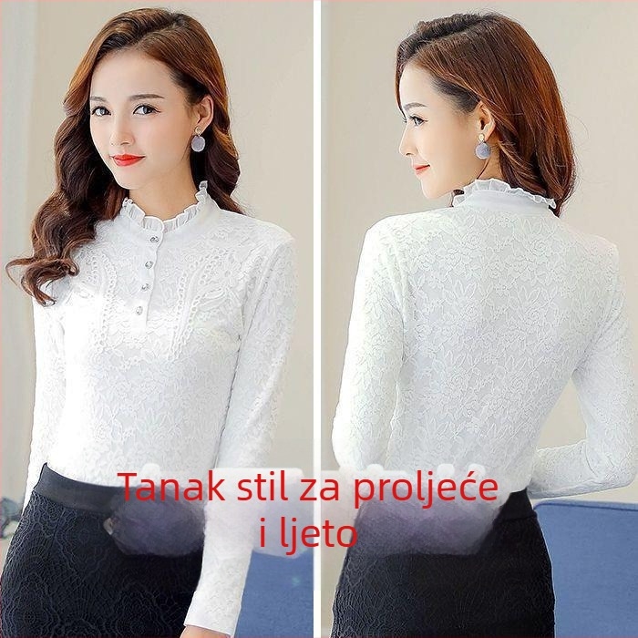 Ženski baza top s flisom i čipkom, dugi rukavi, stojeći ovratnik, poliester-amonijum smjesa, običan uzorak