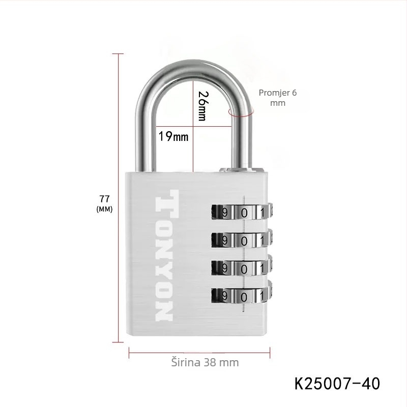 Mehanička brava od aluminija — model K25007-40 za torbe, ladice i ormariće; debljina šipke 6 mm