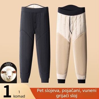 Unisex hlače za termalnu od 100% vune, baršunasta podstava, trostruka debljina materijala, visok struk, zaštita za koljena i struk