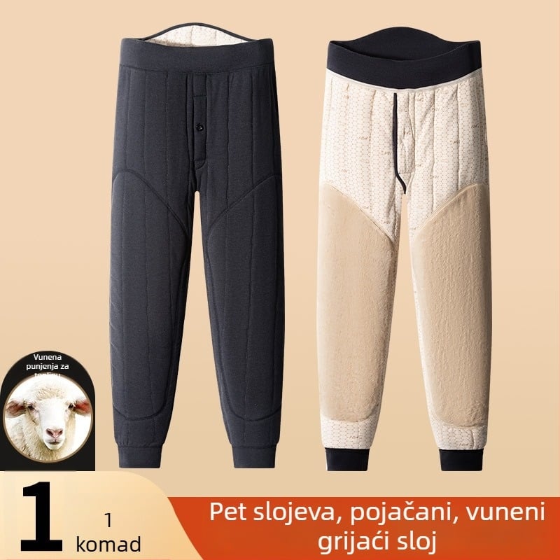 Unisex hlače za termalnu od 100% vune, baršunasta podstava, trostruka debljina materijala, visok struk, zaštita za koljena i struk