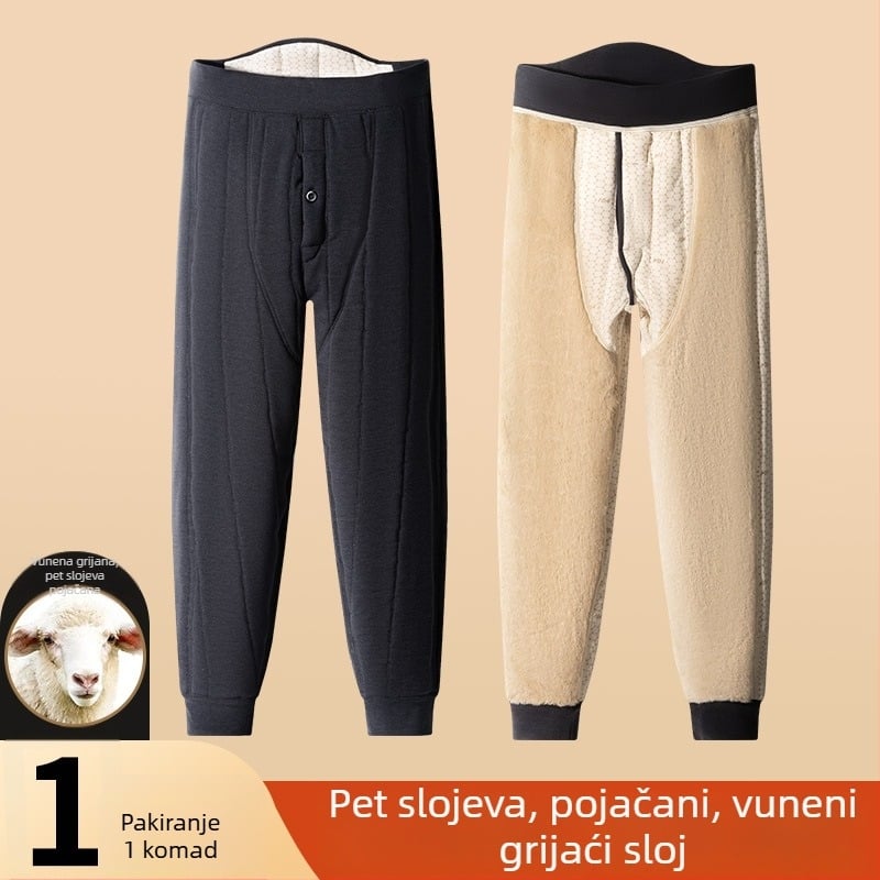 Unisex hlače za termalnu od 100% vune, baršunasta podstava, trostruka debljina materijala, visok struk, zaštita za koljena i struk