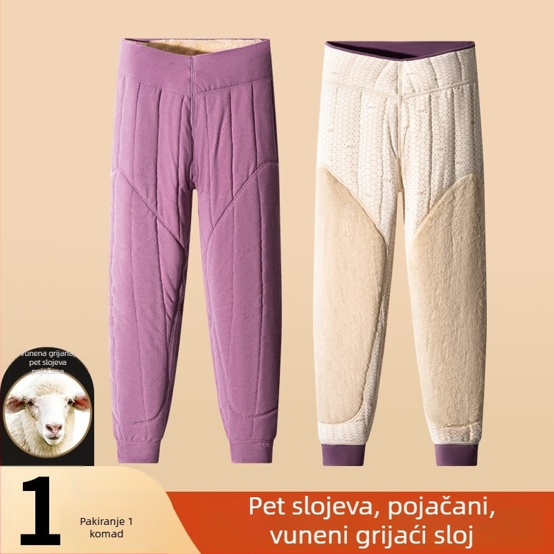 Unisex hlače za termalnu od 100% vune, baršunasta podstava, trostruka debljina materijala, visok struk, zaštita za koljena i struk