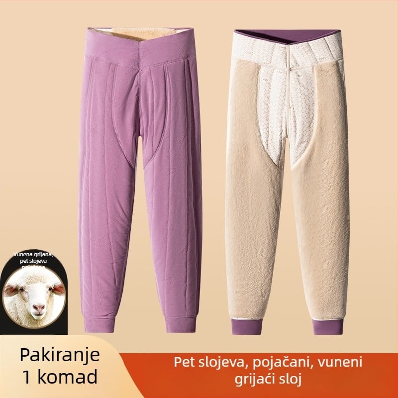 Unisex hlače za termalnu od 100% vune, baršunasta podstava, trostruka debljina materijala, visok struk, zaštita za koljena i struk