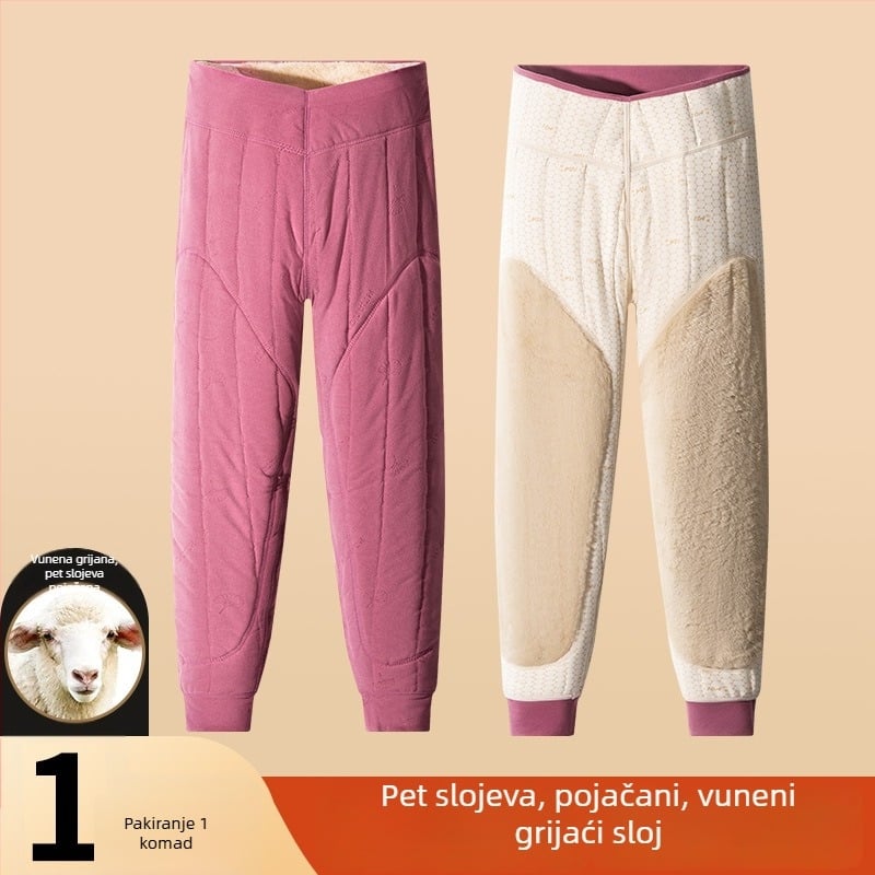 Unisex hlače za termalnu od 100% vune, baršunasta podstava, trostruka debljina materijala, visok struk, zaštita za koljena i struk