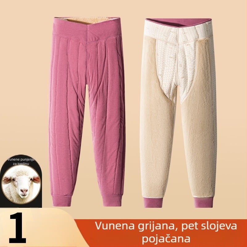 Unisex hlače za termalnu od 100% vune, baršunasta podstava, trostruka debljina materijala, visok struk, zaštita za koljena i struk