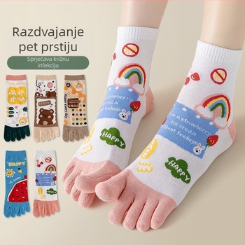Ženske čarape s pet prstiju od pamuka – srednje dužine do lista, prozračne, upijaju znoj, uzorak crtani