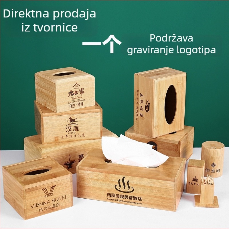 Bambus kutija za maramice s logom – model 001, prilagodljiva, višestruka primjena, moderni minimalistički stil, pogodna za hotele i restorane
