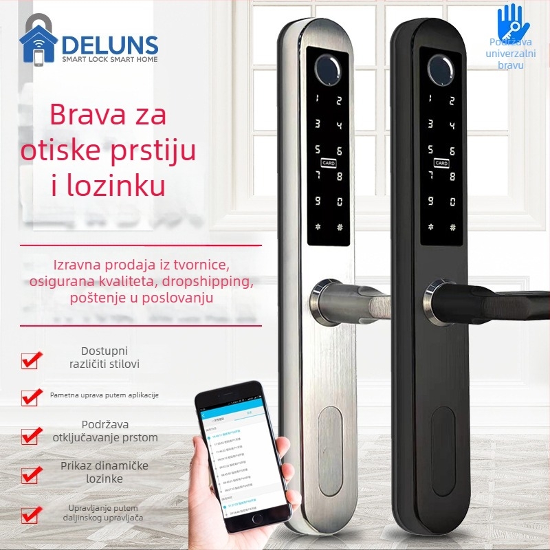 Aluminijska dvostruka brava za uska vrata – pristup otiskom prsta, lozinkom i karticom, za hotel/apartman – model FT01, 200 pohranjenih otisaka