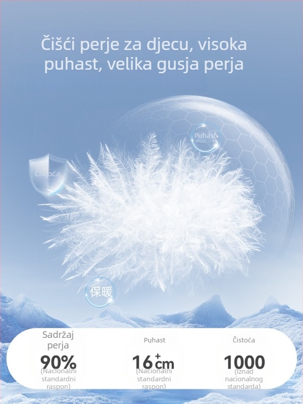 Dječja jakna s puhom, unisex, 81-85% bijelog pačjeg perja, kratka kroj, opušteni kroj, poliester vanjski materijal i podstava