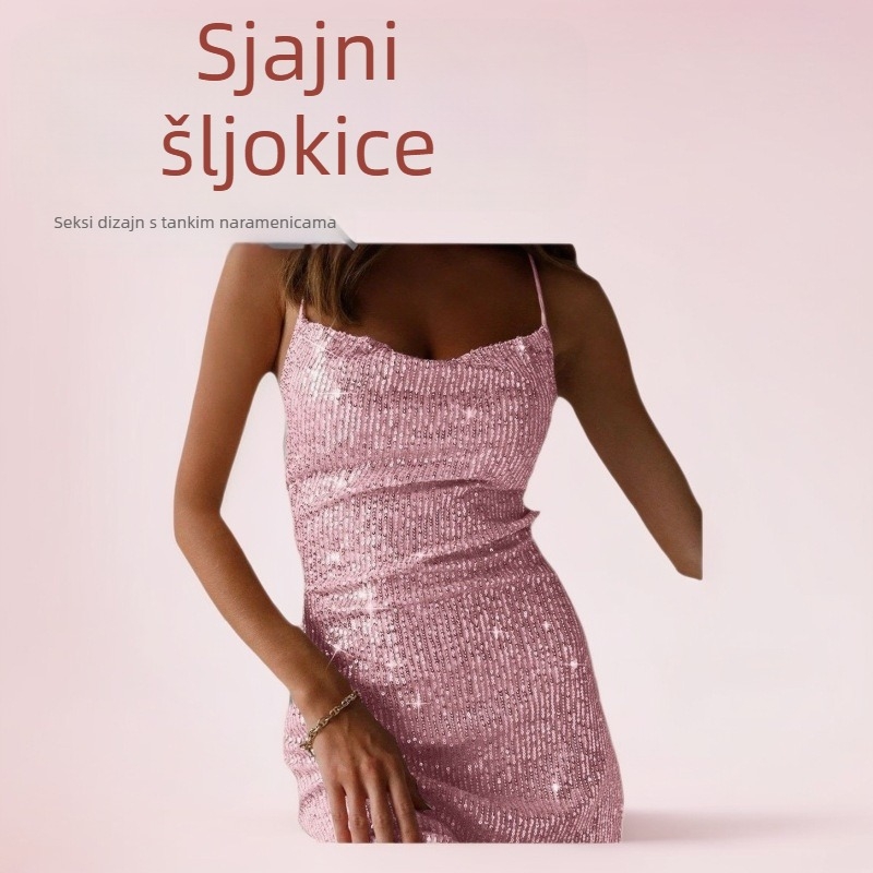 Mini haljina s perlama i šljokicama, bez naramenica, bez rukava, visokim strukom, kratka suknja, poliester-spandeks