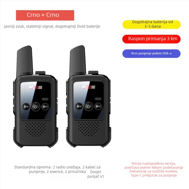 Prijenosni walkie-talkie – mini, dug domet 5–10 km, 400–470 MHz, 16 kanala, izlazna snaga 5 W