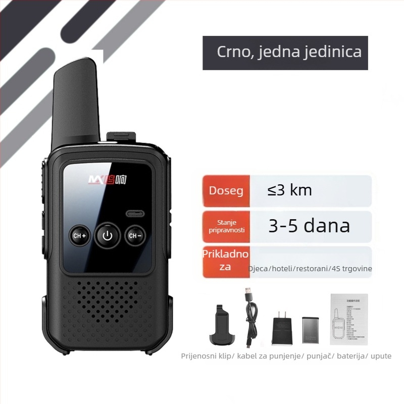 Prijenosni walkie-talkie – mini, dug domet 5–10 km, 400–470 MHz, 16 kanala, izlazna snaga 5 W
