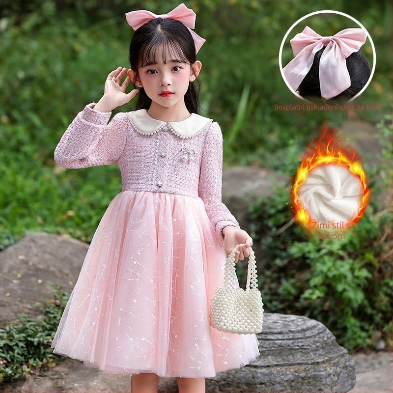 Dječja haljina s prinčevskim stilom, mrežasti materijal, glavni materijal poliester 81–90%, podstava pamuk 60–70%, A-kroj haljine, jesen 2025.