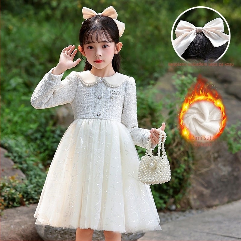 Dječja haljina s prinčevskim stilom, mrežasti materijal, glavni materijal poliester 81–90%, podstava pamuk 60–70%, A-kroj haljine, jesen 2025.