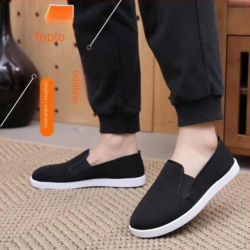 Papuče za dom u stilu Starog Pekinga, s flis prekljivom, zimske tople muške papuče, gumeni potplat, protuklizne