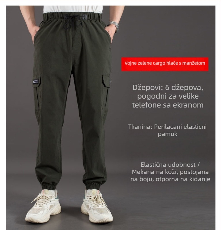 Muške radne hlače za proljeće-jesen s višestrukim džepovima, pamuk-stretch tkanina, ravni kroj, visok struk, zatvarač na zip