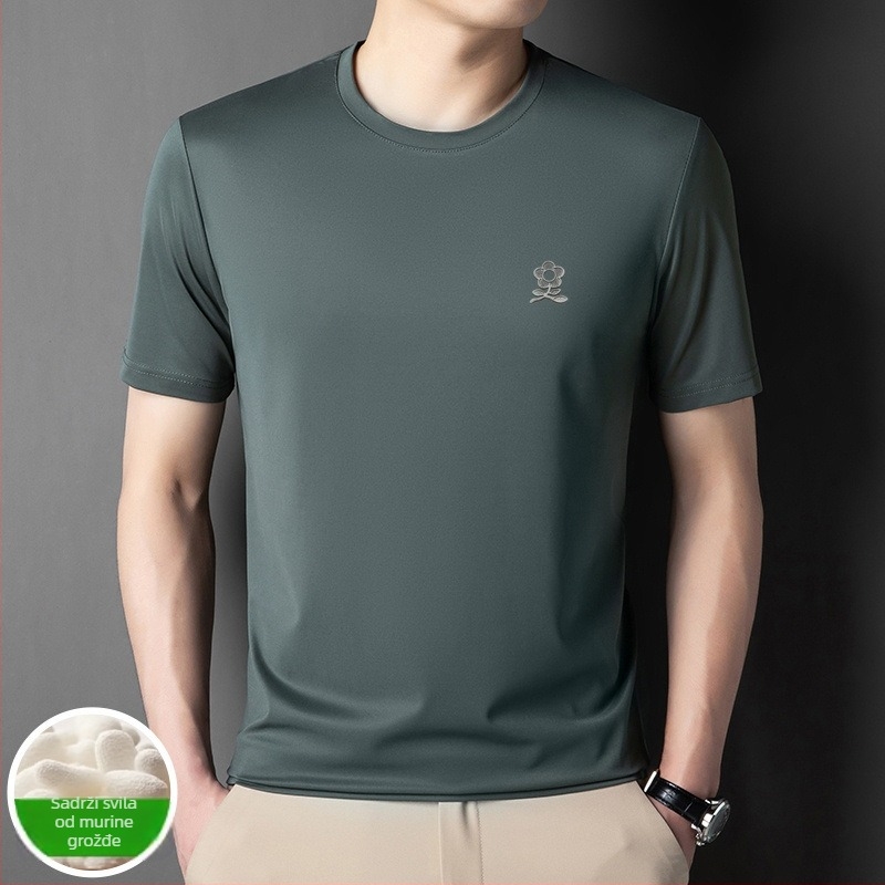 Muško T-shirt s Ice Silk i Mulberry silk 71–80%, uski kroj, okrugli izrez, kratki rukavi, geometrijski print, ljeto 2025