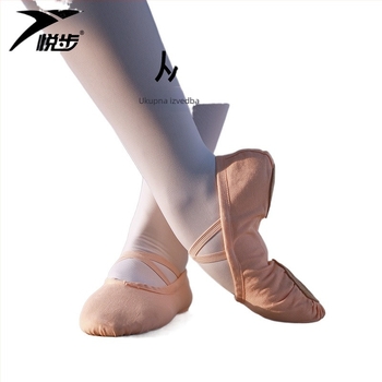 Plesne cipele za žene i djevojčice, mekana potplata, klasični balet, platneni gornji dio, kožna potplata, vezanje