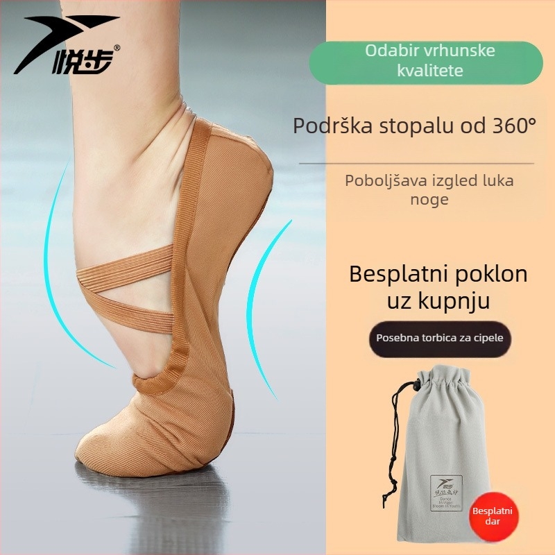 Plesne cipele za žene i djevojčice, mekana potplata, klasični balet, platneni gornji dio, kožna potplata, vezanje