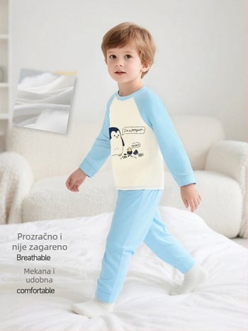 Dječji pamučni pidžama set s karikaturnim uzorkom, za uzrast 3–8 godina, okrugli vrat, proljeće i jesen