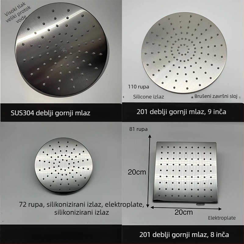 Nerđajući čelik gornja mlaznica tuša, pod tlakom, četverostruki navoj, krom završni brušeni premaz, kišna funkcija