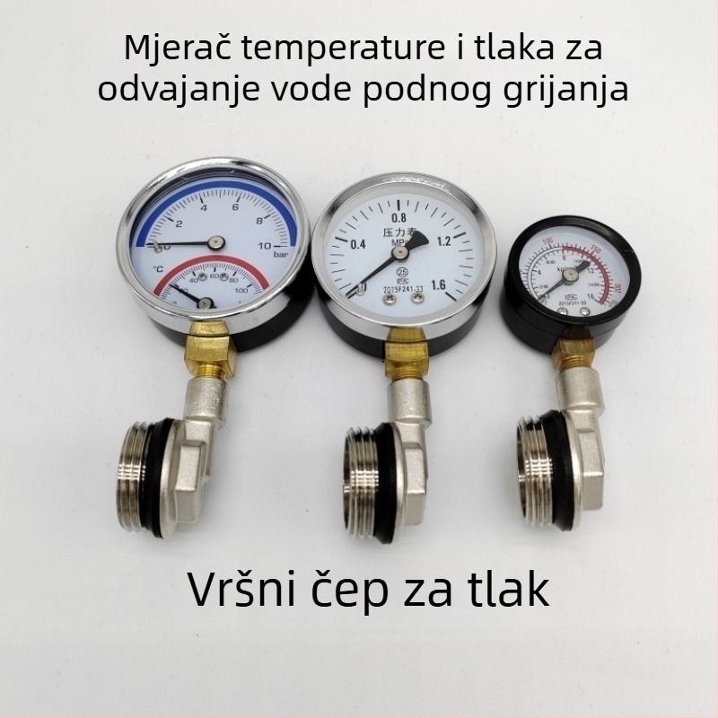 Distribucijski blok za podno grijanje s mjeračem temperature i tlaka, bakreni, s tlakom zatvaračem, CE certifikat