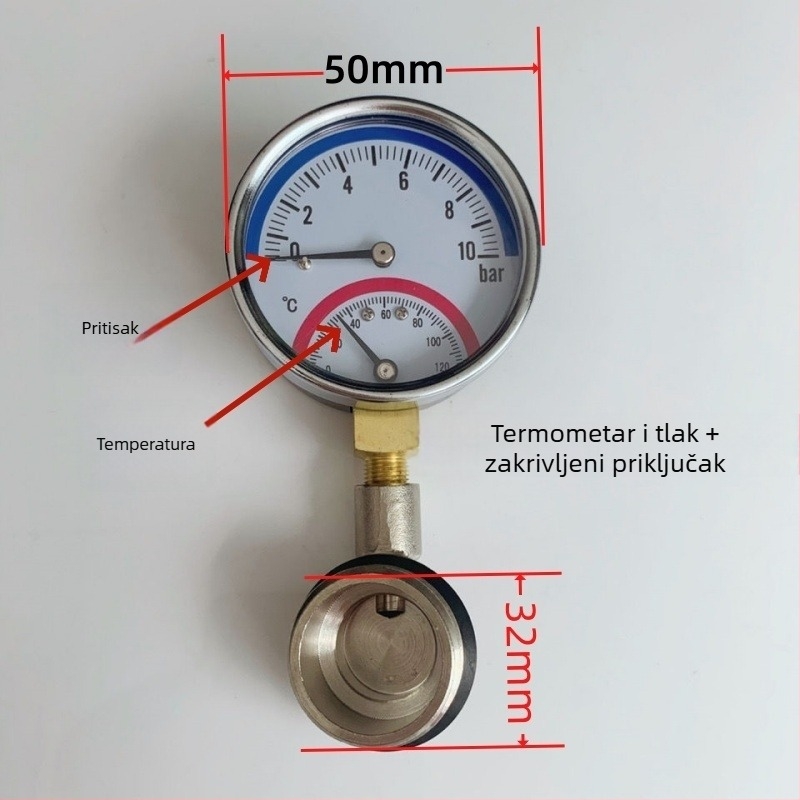 Distribucijski blok za podno grijanje s mjeračem temperature i tlaka, bakreni, s tlakom zatvaračem, CE certifikat