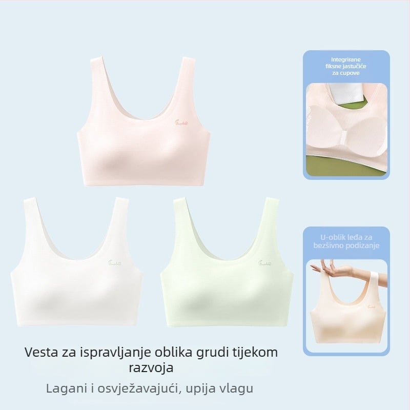 Bezšivna sportska grudnjica za tineždžerice, s punim košaricama, prozračna, fiksne dvostruke naramenice