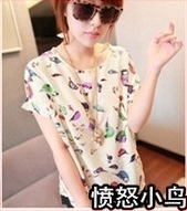 Ženska šifon bluza s printom, slobodan kroj, bat rukav, okrugli izrez, ljetni top, duljina 50–65 cm