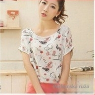 Ženska šifon bluza s printom, slobodan kroj, bat rukav, okrugli izrez, ljetni top, duljina 50–65 cm