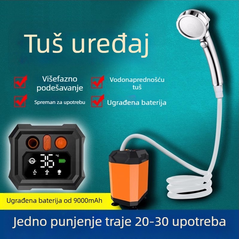 Rumo prijenosni tuš – ABS kućište, montaža s vakuumskom čašom, mlaz masaže i kiša, radna temperatura 4–70°C