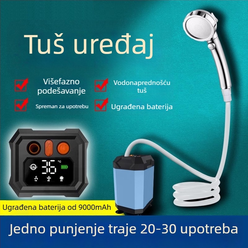 Rumo prijenosni tuš – ABS kućište, montaža s vakuumskom čašom, mlaz masaže i kiša, radna temperatura 4–70°C