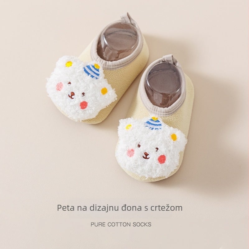 Patike i čarape za bebe 12–36 mjeseci - crtani uzorak, protuklizne, mekana pamučna tkanina, održavaju toplinu (jesen/zima)