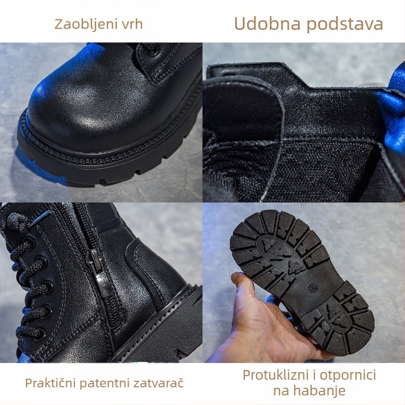 Dječje martinske čizme, Gornji dio: koža drugog sloja, Potplat: guma, Bočni zip, Prozračne, Deblje