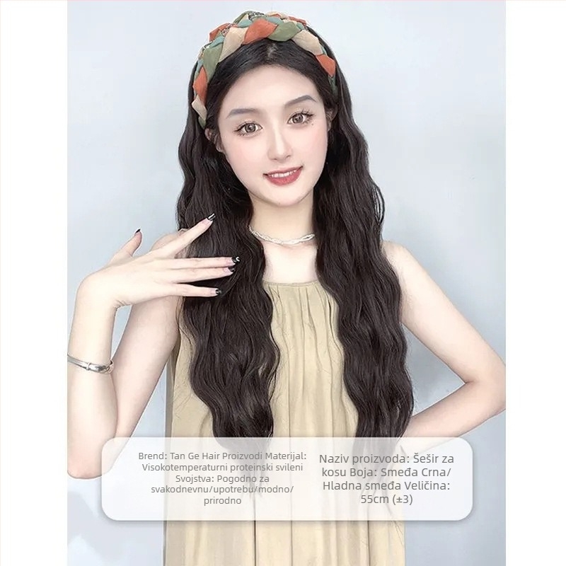 Paruka s trakom za glavu, duga ravna kosa, visoko na tjemenu, jednodjelna pokriva polovice glave, prilagodljive fringe (ravne ili nagnute), modeli AT358 AT381, vlakno otporno na visoke temperature, prirodni izgled