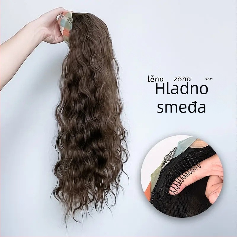 Paruka s trakom za glavu, duga ravna kosa, visoko na tjemenu, jednodjelna pokriva polovice glave, prilagodljive fringe (ravne ili nagnute), modeli AT358 AT381, vlakno otporno na visoke temperature, prirodni izgled