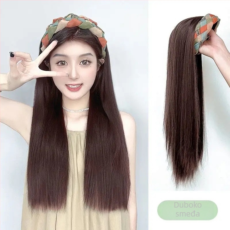 Paruka s trakom za glavu, duga ravna kosa, visoko na tjemenu, jednodjelna pokriva polovice glave, prilagodljive fringe (ravne ili nagnute), modeli AT358 AT381, vlakno otporno na visoke temperature, prirodni izgled