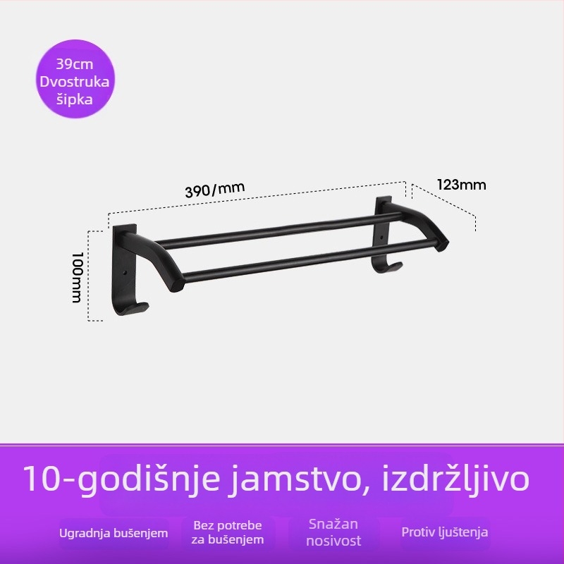 Držač za ručnike za kupaonicu od Space aluminija s crnim anodiziranim premazom, dvostruka konstrukcija, nosivost 10 kg, Emma