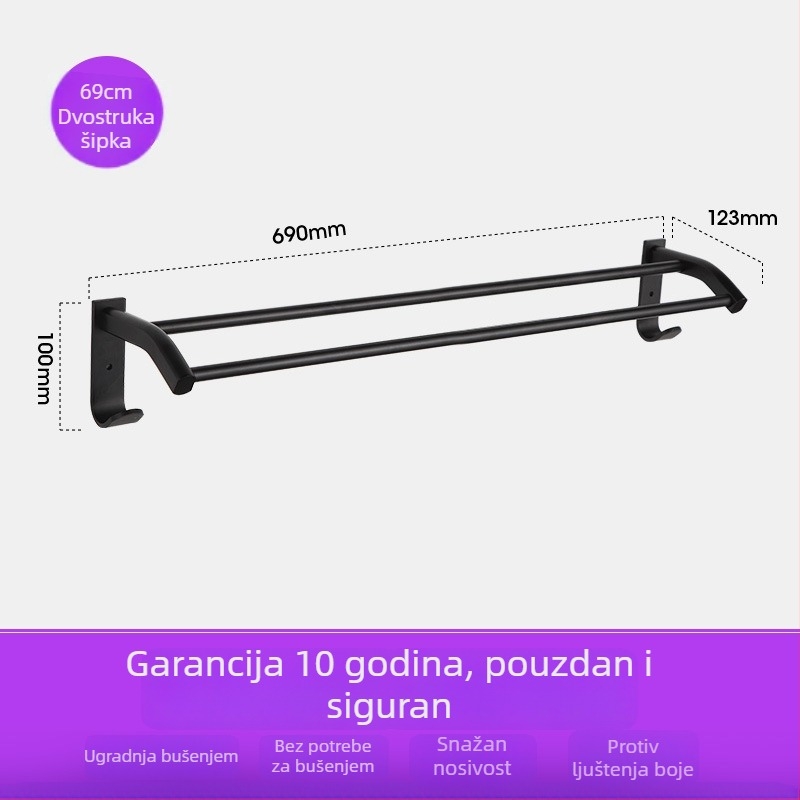 Držač za ručnike za kupaonicu od Space aluminija s crnim anodiziranim premazom, dvostruka konstrukcija, nosivost 10 kg, Emma