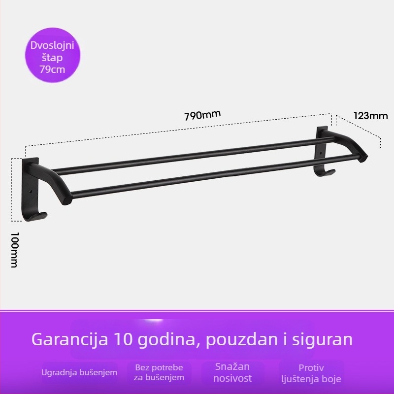Držač za ručnike za kupaonicu od Space aluminija s crnim anodiziranim premazom, dvostruka konstrukcija, nosivost 10 kg, Emma