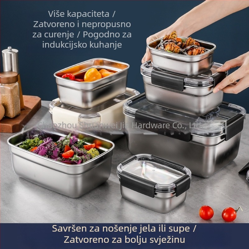 Pravokutna posuda za hranu od 304 nehrđajućeg čelika, čvrsto zatvaranje, za skladištenje u hladnjaku i zamrzivaču; kapaciteti: 501–800 ml, 1–2 L, 3.1–4 L