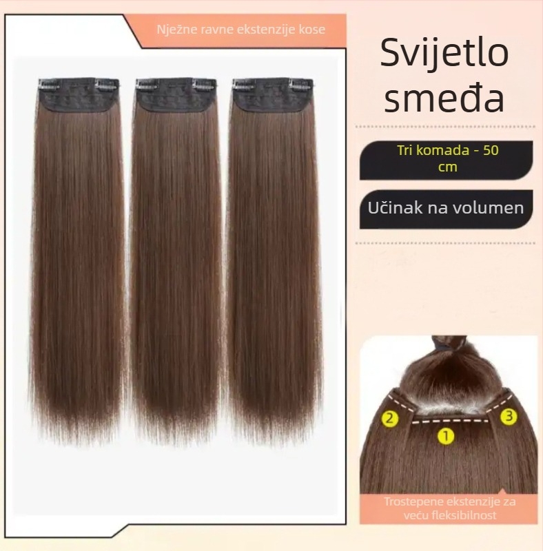 Perika od tri dijela za žene s dugom ravnom kosom, prirodni stil, volumen od domaće svile, bez vidljivih spojeva