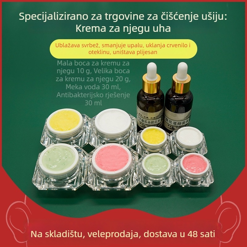 Set za njegu uha: ne-svijetle žličice za uho i krema za njegu, olakšanje od crvenila i svrbeža, 10–20 g