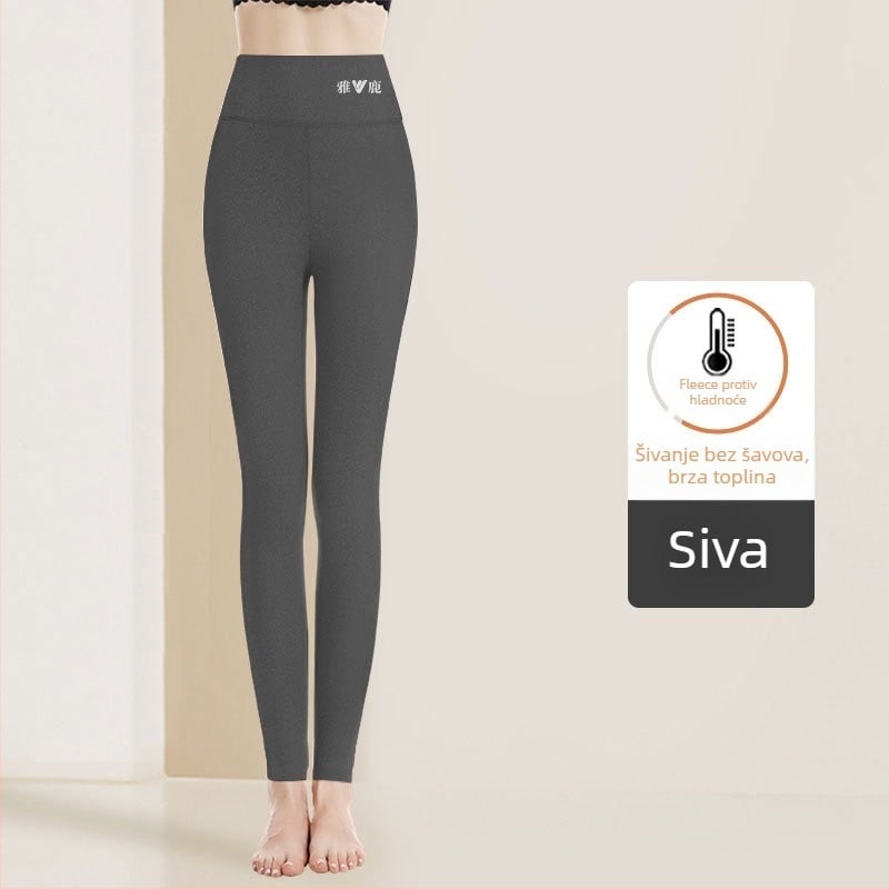 Ženske tople hlače s visokim strukom, kationična tkanina, velur podstava, 90–95% poliester, debljina 201–250 g/m2