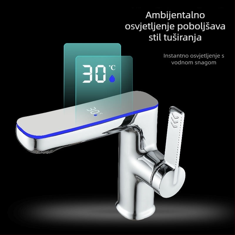 Slavina za umivaonik s ambijentalnim osvjetljenjem – tijelo od bakrenog legure, keramički disk ventil, elektroplatirani završni sloj, Dolphin model