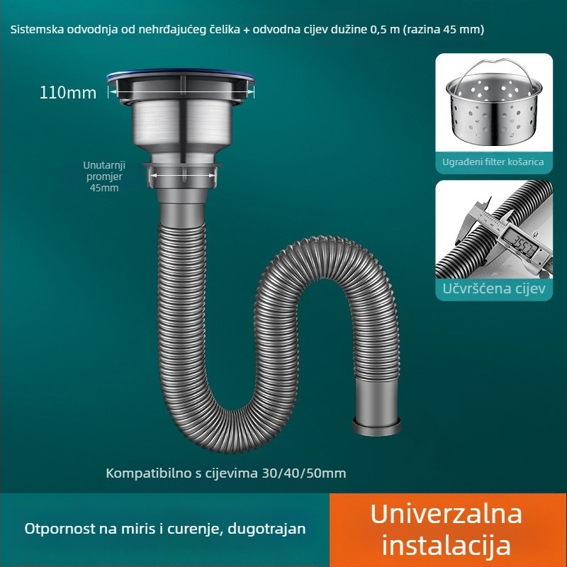 Set odvoda za kuhinju — nehrđajući čelik, S-oblika, vučni tip, model JG-XS1, JOIUWW