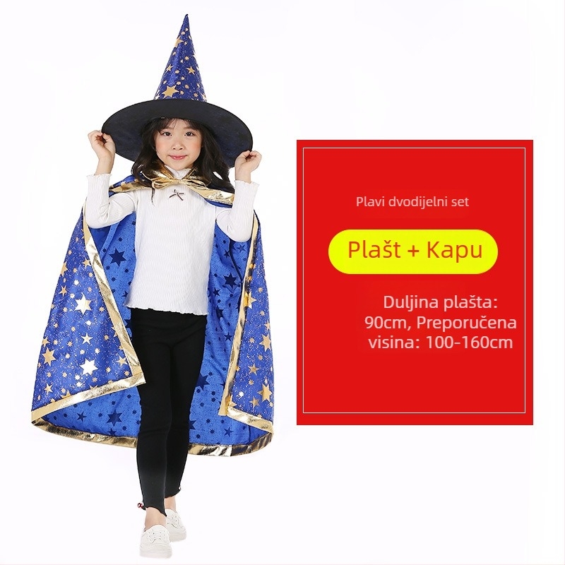 Dječji Halloween plašt s kapom – cosplay kostim Čarobnica/Maga, pamuk-mješovita tkanina, poliester